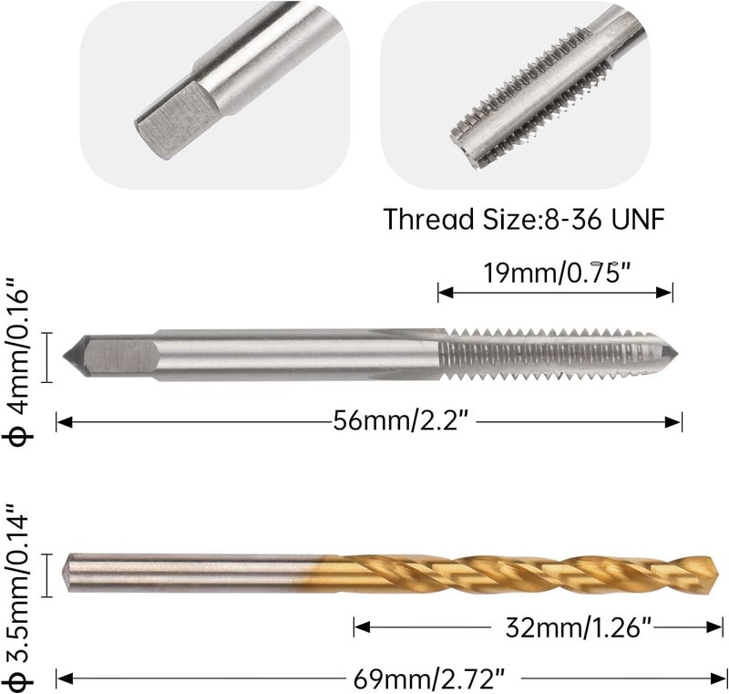 Winfox 8-36 UNF Straight Flute Thread Tap and 3.5mm Twist Drill Bit Set, Metric Titanium Plated 6542 High Speed Steel Machine Screw Thread Tap Threading Drilling Tool - Image 1